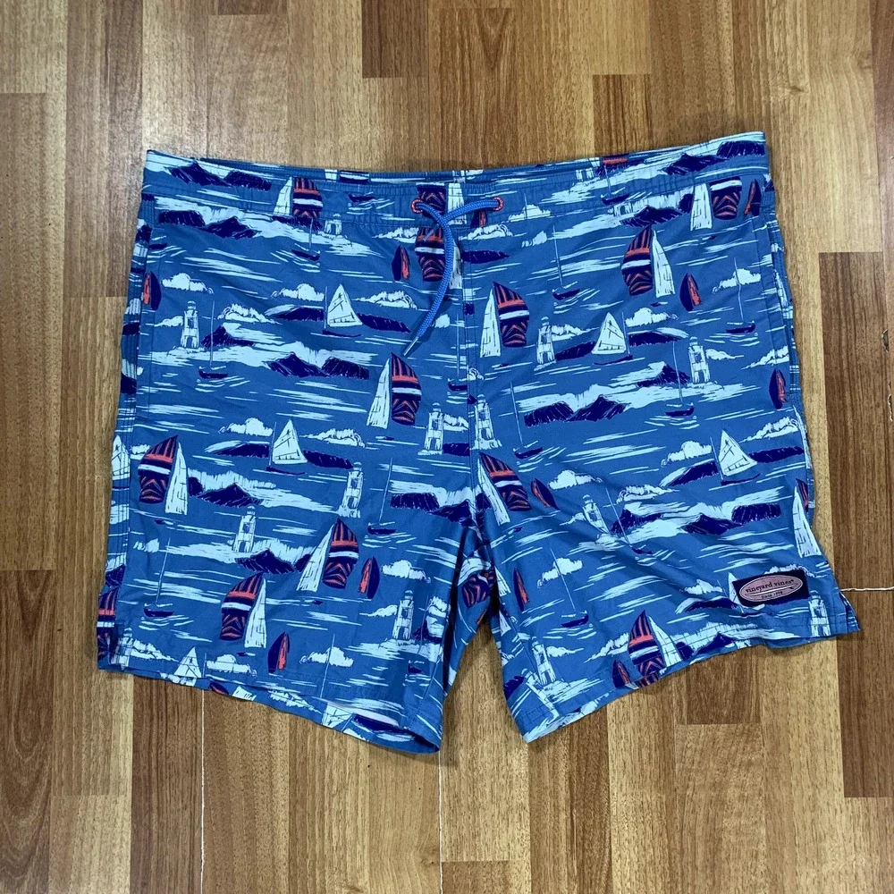 Vineyard Vines Board Shorts Mens Medium M Blue White Orange Sailing Boats